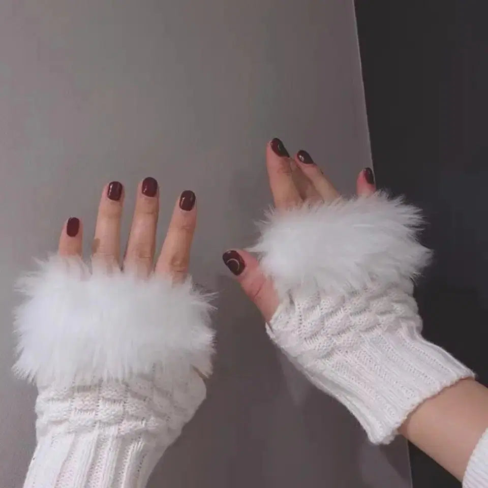 2 Pcs Off White Embroidered Wool Fingerless Gloves for Women